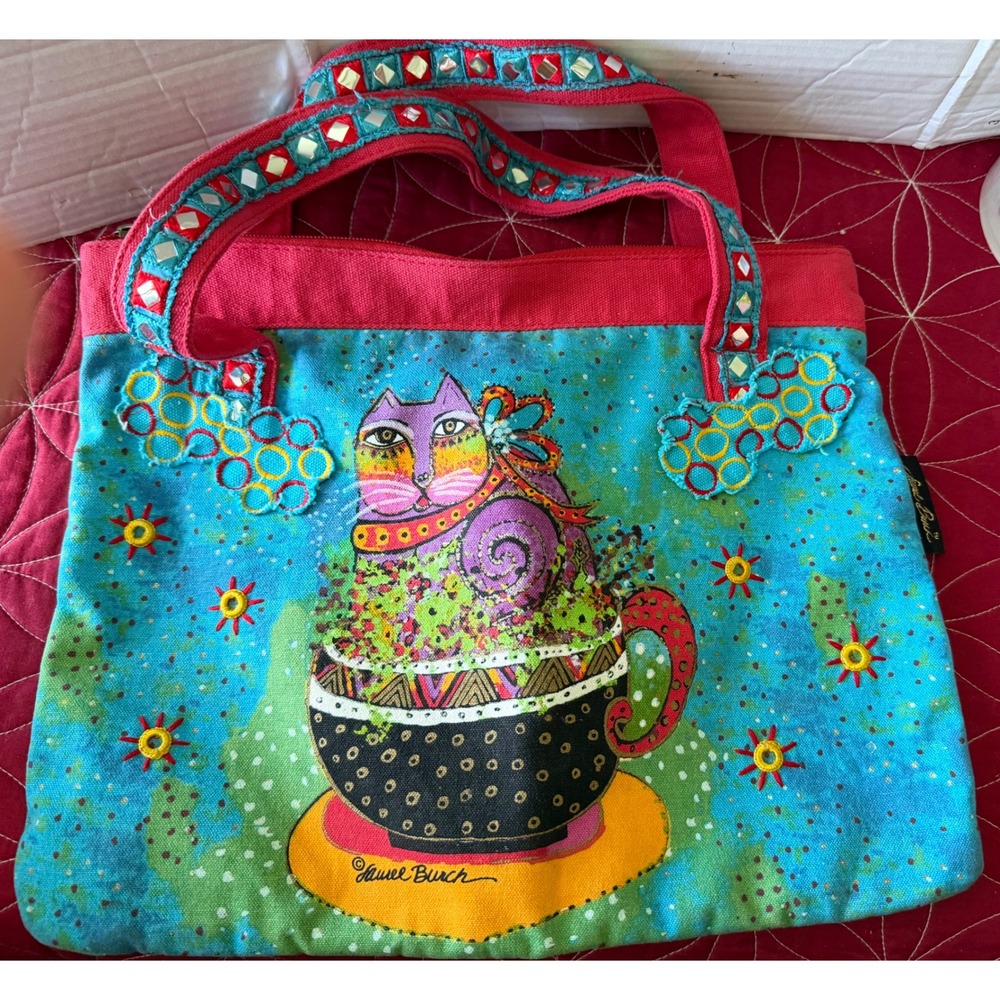 Laurel Burch Cat in Teacup Canvas Tote Bag Turquoise Red Mirror Straps Folk Art